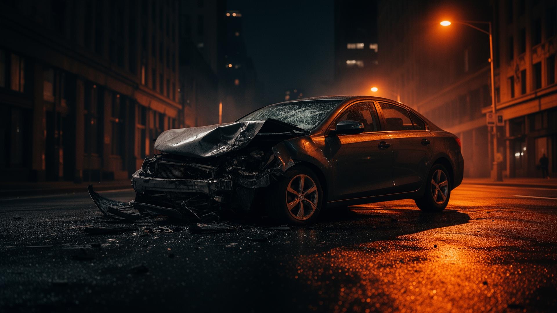 Damaged sedan after collision at night